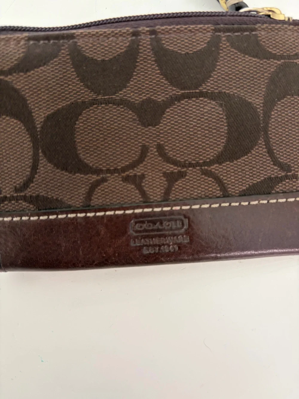 Coach Signature Jacquard Brown Leather Zip Keychain Coin Purse Card Case